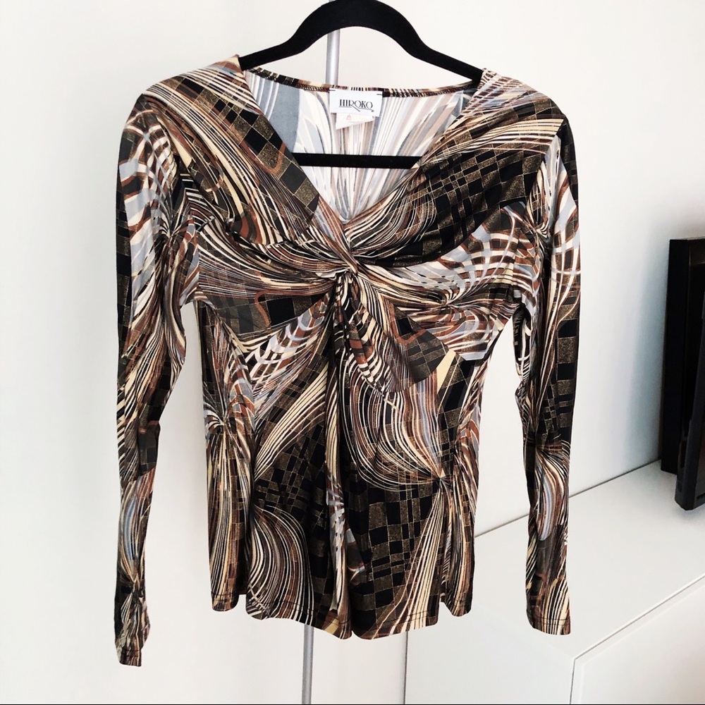 Brown Black Pattern Print Long Sleeved Blouse Top